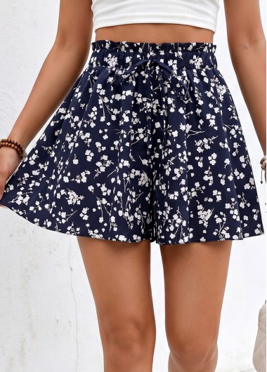 women clothes image of Navy Ditsy Floral Print Wide Leg Elastic Waist Shorts