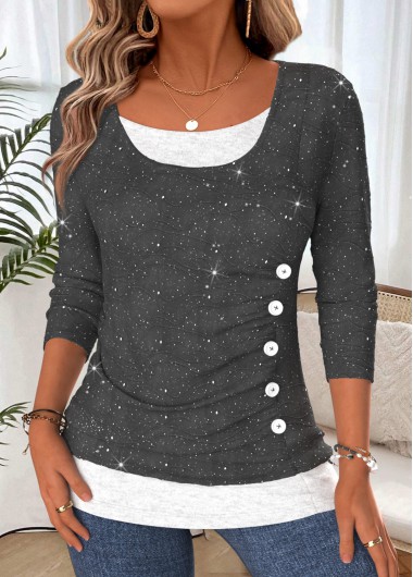 women clothes image of Pink Fake 2in1 Long Sleeve Square Neck T Shirt