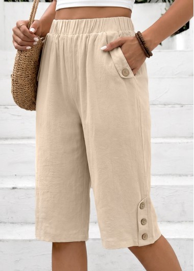 women clothes image of Light Coffee Straight Leg Elastic Waist High Waisted Shorts