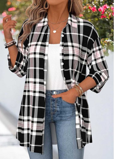 women clothes image of Black Plaid Tummy Coverage 3/4 Sleeve Shirt