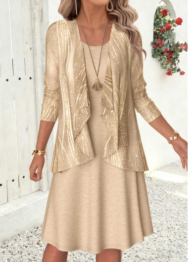 women clothes image of Gray Brown Geometric Print Two-piece Dress and Cardigan