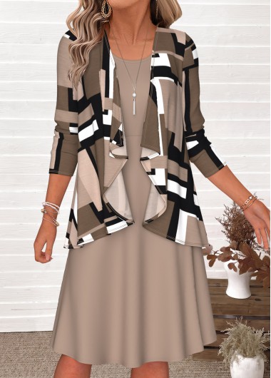 women clothes image of Light Camel Geometric Print Two-piece Dress and Cardigan