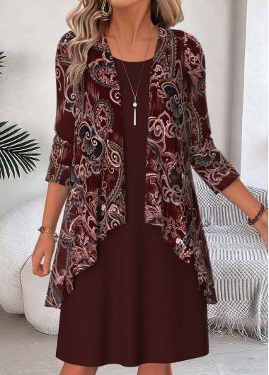 women clothes image of Wine Red Paisley Print Two-piece Dress and Cardigan