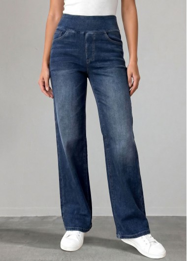 women clothes image of Denim Blue Straight Leg Elastic Waist High Waisted Jeans