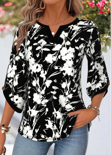 women clothes image of Black Floral Print Curved Hem 3/4 Sleeve Blouse