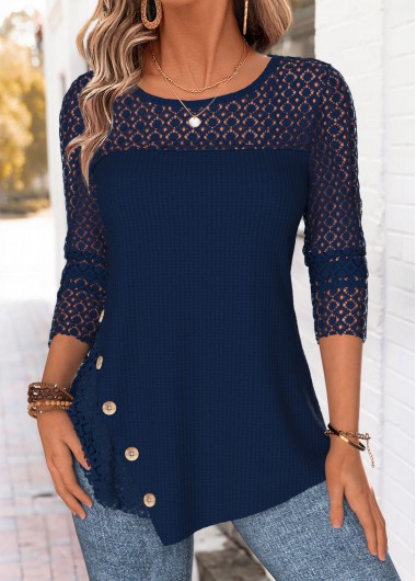 women clothes image of Navy Patchwork Short Sleeve Round Neck T Shirt