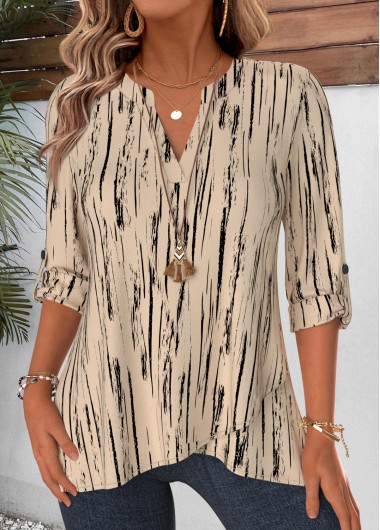 women clothes image of Light Camel Geometric Print Layered Long Sleeve Blouse