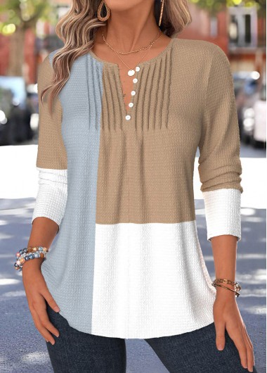 women clothes image of Navy Geometric Print Tuck Stitch Long Sleeve Blouse