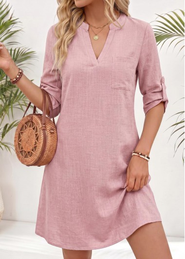 women clothes image of Pink Short Patch Pocket Long Sleeve Split Neck Dress