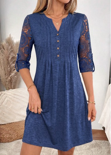 women clothes image of Navy Short Patchwork Long Sleeve Split Neck Dress