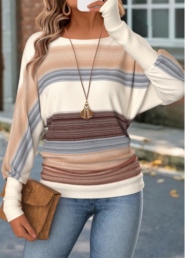 women clothes image of Light Coffee Striped Tummy Coverage Long Sleeve T Shirt