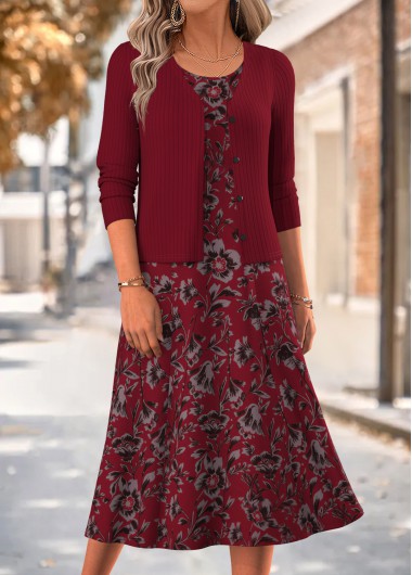 women clothes image of Red Floral Print Two-piece Long Sleeve Dress and Cardigan