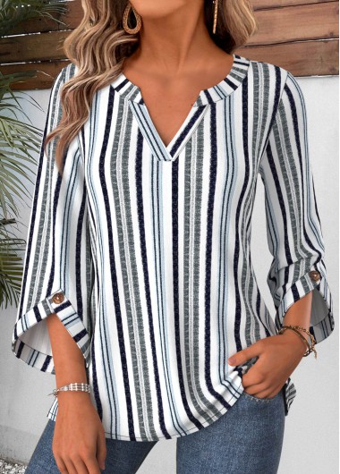women clothes image of Multi Color Striped Button 3/4 Sleeve Split Neck Blouse