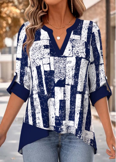 women clothes image of Navy Geometric Print Layered Long Sleeve Split Neck Blouse