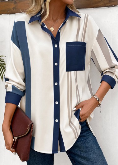women clothes image of Multi Color Striped Patch Pocket Long Sleeve Shirt