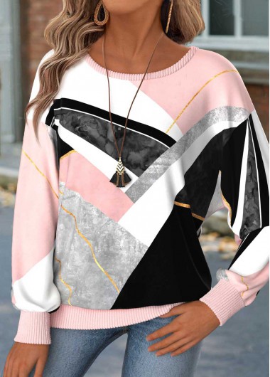 women clothes image of Pink Geometric Print Tummy Coverage Long Sleeve T Shirt