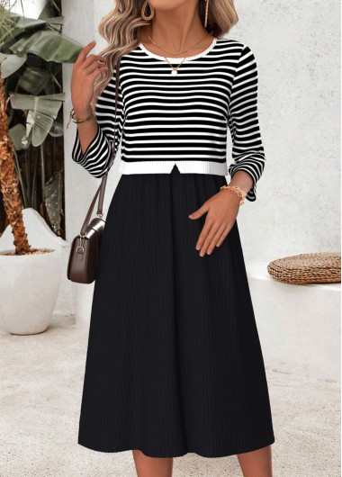 women clothes image of Black Striped Patchwork Long Sleeve Round Neck Dress