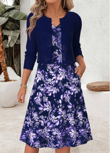 women clothes image of Purple Floral Print Two-piece Long Sleeve Dress and Cardigan