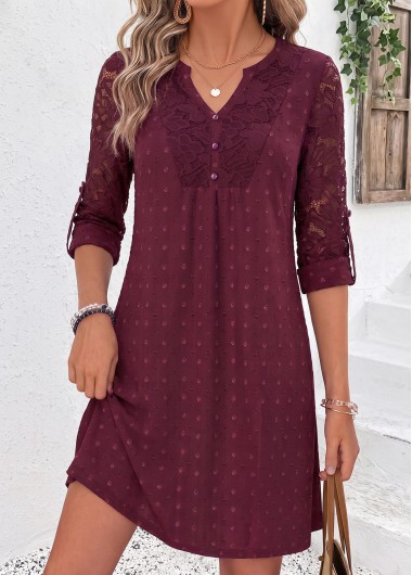 women clothes image of Dark Reddish Purple Short Patchwork Long Sleeve Dress