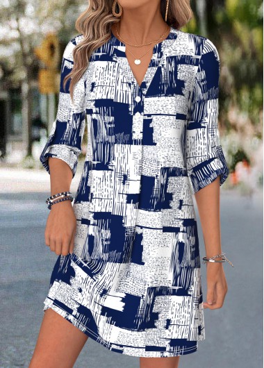 women clothes image of Blue Geometric Print Short Tummy Coverage Long Sleeve Dress