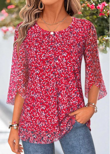 women clothes image of Red Ditsy Floral Print Layered 3/4 Sleeve Blouse