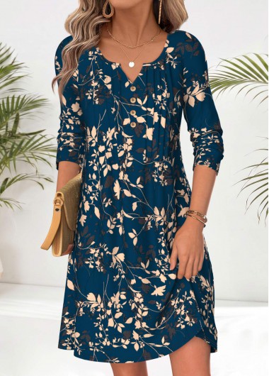 women clothes image of Peacock Blue Leaf Print Short Tuck Stitch Dress