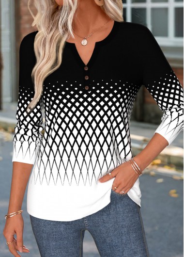 women clothes image of Black Geometric Print Curved Hem Long Sleeve T Shirt