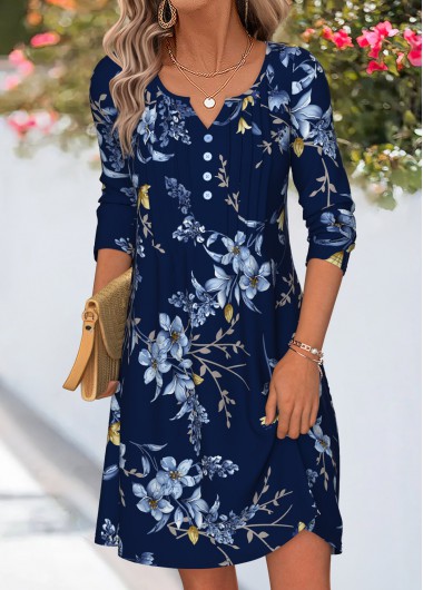 women clothes image of Navy Floral Print Short Tuck Stitch Long Sleeve Dress