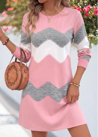 women clothes image of Pink Chevron Print Short Tummy Coverage Long Sleeve Dress