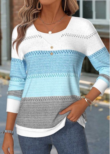 women clothes image of Blue Geometric Print Patchwork Long Sleeve T Shirt
