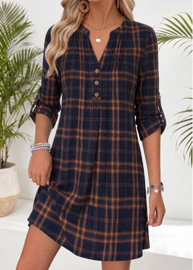 women clothes image of Navy Plaid Short Tummy Coverage Long Sleeve Dress