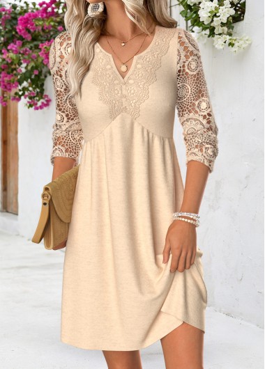 women clothes image of Beige Short Patchwork Long Sleeve Split Neck Dress