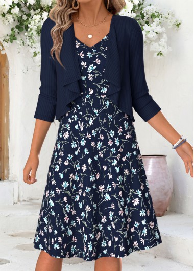 women clothes image of Navy Floral Print Short Tummy Coverage Dress and Cardigan