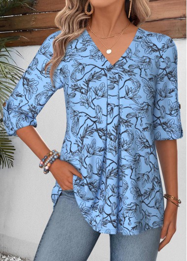 women clothes image of Blue Floral Print Curved Hem 3/4 Sleeve Blouse
