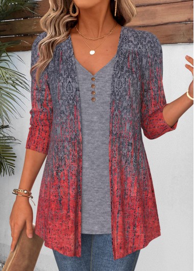 women clothes image of Dark Grey Marl Tribal Print Fake Two Piece Twinset