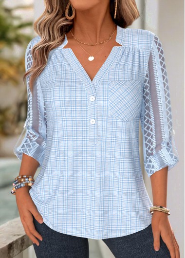women clothes image of Light Blue Geometric Print Patchwork Long Sleeve Blouse