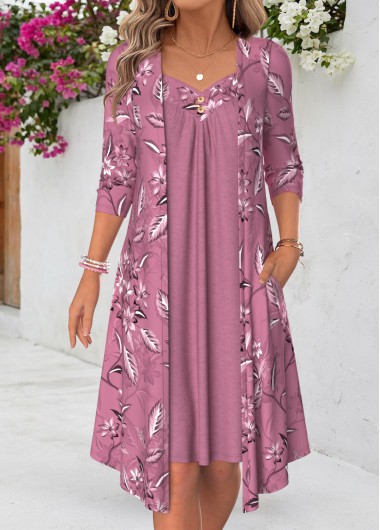women clothes image of Pink Floral Print Fake 2in1 Long Sleeve Dress