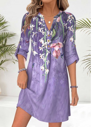 women clothes image of Purple Floral Print Short Tummy Coverage Long Sleeve Dress