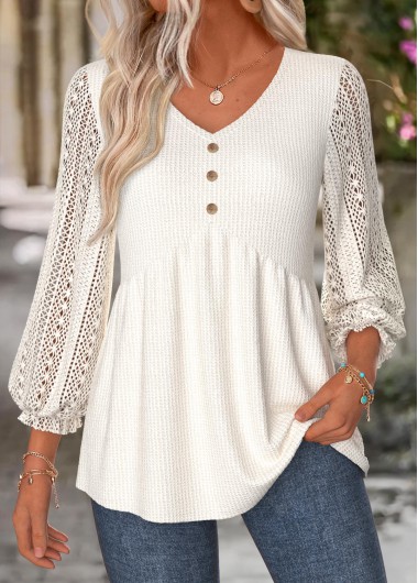 women clothes image of Beige Shirred 3/4 Sleeve V Neck Blouse
