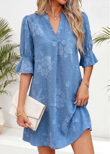women clothes image of Denim Blue Floral Print Short Tummy Coverage Dress