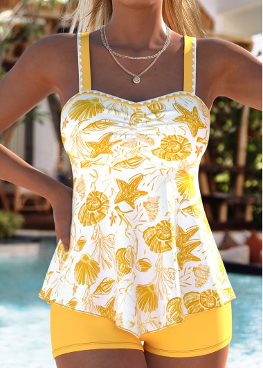 women clothes image of Yellow Mid Waisted Ruched/shirred Marine Life Print Tankini Set