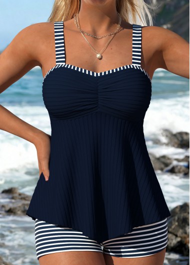 women clothes image of Navy Mid Waisted Ruched Striped Tankini Set