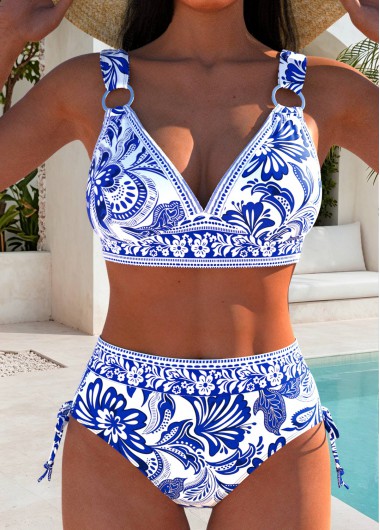 women clothes image of Blue High Waisted Ruched Tribal Print Bikini Set