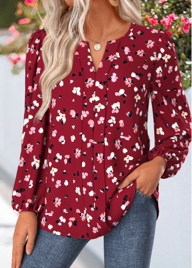 women clothes image of Wine Red Ditsy Floral Print Curved Hem Blouse