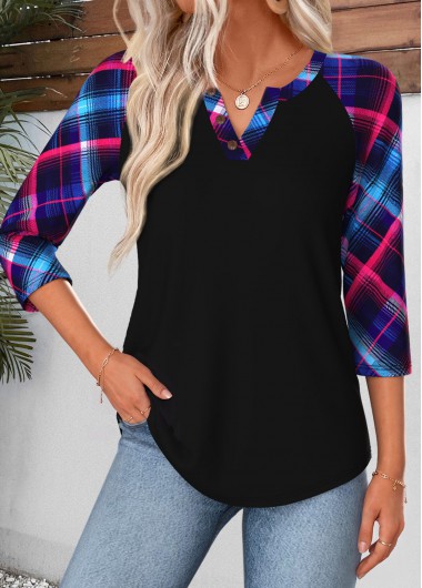 women clothes image of Black Plaid Curved Hem 3/4 Sleeve Split Neck Blouse