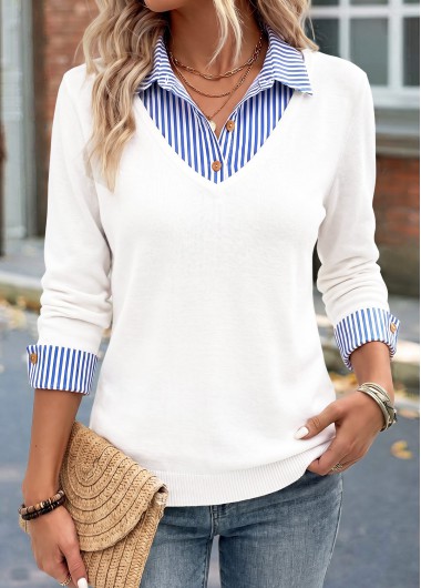 women clothes image of White Striped Long Sleeve Fake Two Piece Twinset