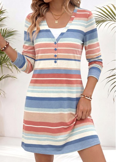 women clothes image of Multi Color Short Button Long Sleeve V Neck Dress