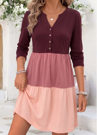 women clothes image of Multi Color Short Button Long Sleeve Split Neck Dress