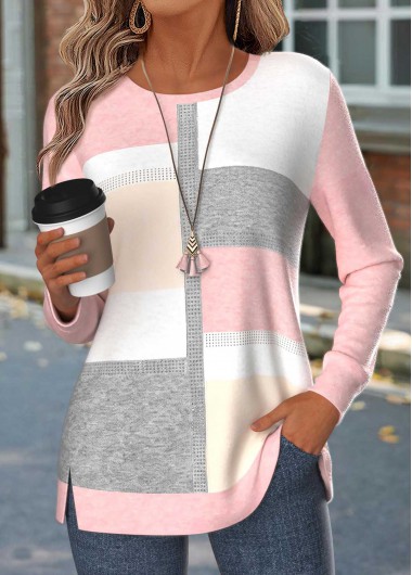 women clothes image of Navy Geometric Print Curved Hem Long Sleeve Sweatshirt