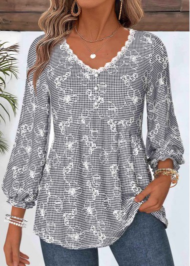 women clothes image of Black Gingham Print Shirred 3/4 Sleeve V Neck Blouse